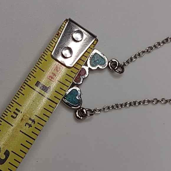 Cute Blue Red And Silver Tone 3 Heart Necklace 16.5 Inches Long - Picture 9 of 11